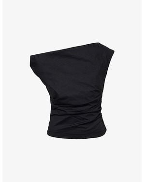 GOOD AMERICAN Asymmetric-Shoulder Ruched Cotton-Poplin Top - Blue