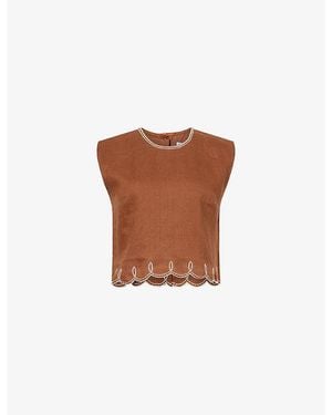 Veronica Beard Kessan Embroidered Linen Top - Brown