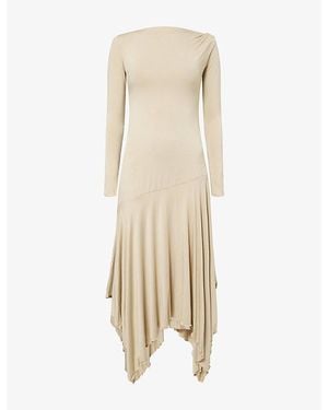 The Dropped Collection Draped Long-Sleeve Stretch-Jersey Midi Dress - Natural