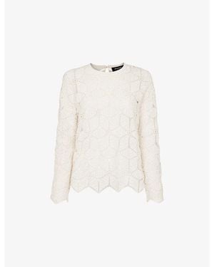 Whistles Round-Neck Long-Sleeve Crochet-Knit Top - White