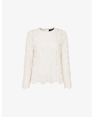 Whistles Round-Neck Long-Sleeve Crochet-Knit Top - White