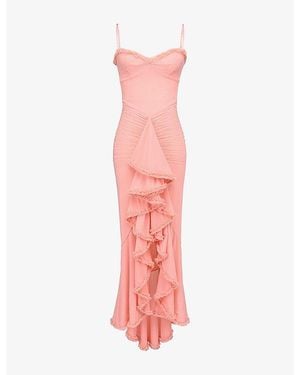 House Of Cb Gabbi Ruffled-Front Slim-Fit Stretch-Mesh Maxi Dress - Pink