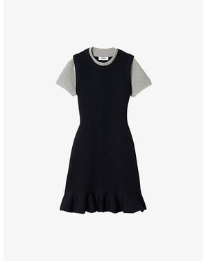 Sandro Round-Neck Short-Sleeve Stretch-Knit Mini Dress - Black