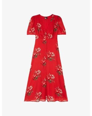 The Kooples V-Neck Floral-Print Woven Maxi Dress - Red