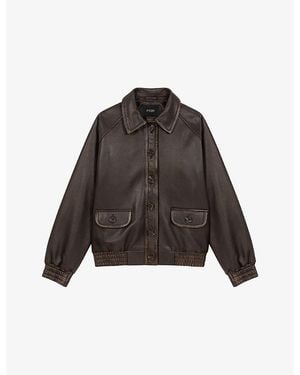 Maje Button-Up Cropped Leather Jacket - Brown