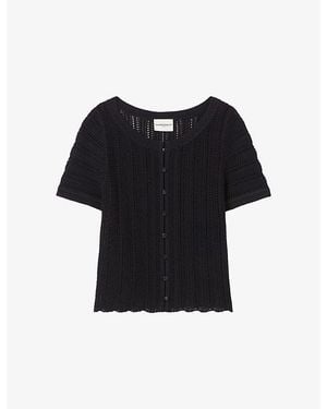 Claudie Pierlot Short-Sleeved Button-Front Crochet Top - Black