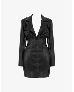 Mistress Rocks Bold Moves Lapel-Collar Long-Sleeve Vegan-Leather Mini Dress - Black