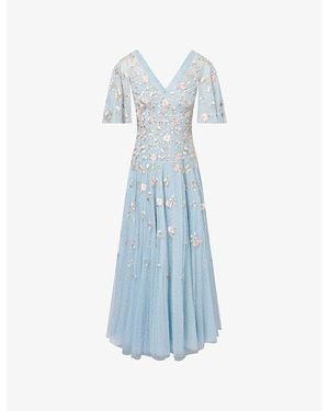 Needle & Thread Mayflower V-Neck Cape Tulle Gown - Blue