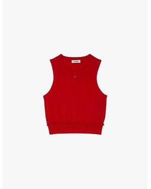 Sandro Ruffled-Trim Sleeveless Wool And Cashmere-Blend Jumper - Red