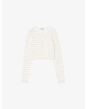 Sandro Bead-Embellished Pearl-Buttons Pointelle-Knit Cardigan - White