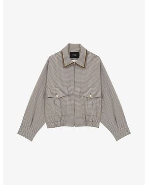 Maje Houndstooth Corduroy-Trim Stretch-Woven Bomber Jacket - Gray