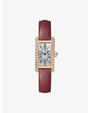 Cartier Tank Americaine Mini 18Ct Rose- 0.55Ct Brilliant-Cut Diamond And Leather Quartz Watch - Red
