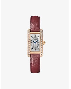 Cartier Tank Americaine Mini 18Ct Rose- 0.55Ct Brilliant-Cut Diamond And Leather Quartz Watch - Red