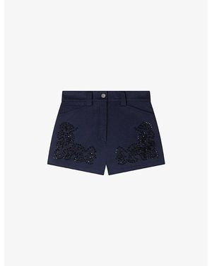 Sandro Bead-Embellished High-Rise Cotton Shorts - Blue