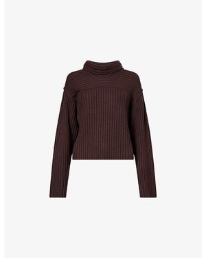 Theory Ribbed Crop Turtleneck Merino Wool Jumper - Brown