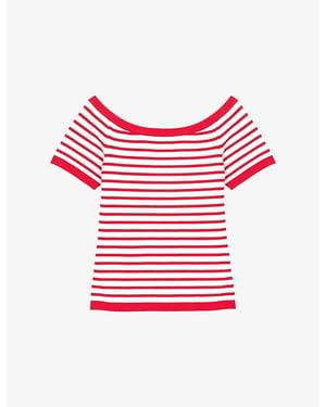 Maje Striped Boat-Neck Cotton-Blend Top - Red