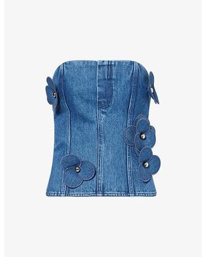 David Koma Floral-Embellished Denim Corset Top - Blue