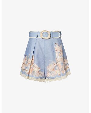 Zimmermann Cascadian Tuck Floral Linen Shorts - Blue