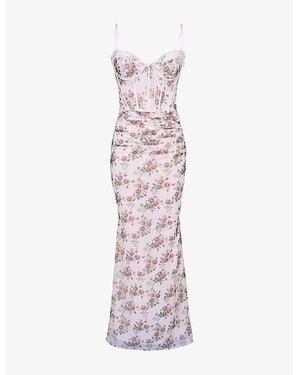 House Of Cb Calista Floral-Print Body-Con Stretch-Mesh Maxi Dress Xs (A-C Cup) - Purple