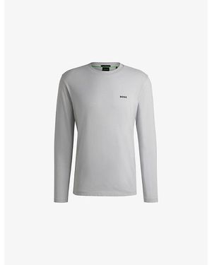 BOSS Brand-Print Long-Sleeve Cotton-Jersey T-Shirt - Grey