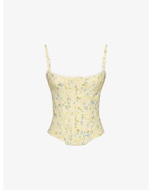 House Of Cb Cadie Floral-Print Cotton Corset Top Xs (A-C Cup) - Yellow