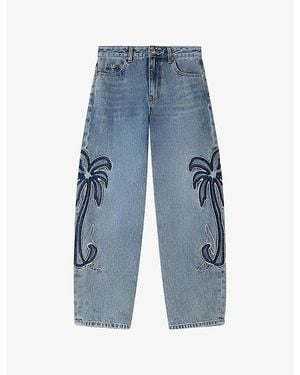 Sandro Barrel Palm-Embroidered Denim Jeans - Blue