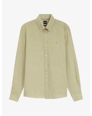 BOSS Brand-Embroidered Long-Sleeved Linen Shirt - Green