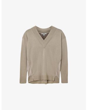 AllSaints Bern V-Neck Contrast-Panel Merino-Wool Jumper - Natural