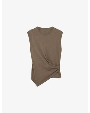 Reiss Tia Drape Cap-Sleeve Cotton T-Shirt - Brown