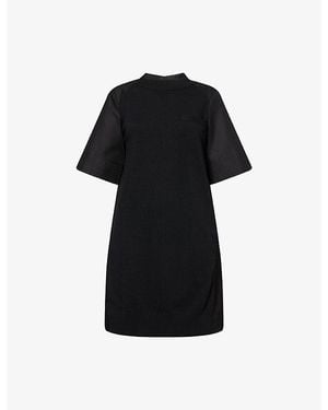 Sacai Short-Sleeve Panelled Knitted Cotton-Garbadine Mini Dress - Black