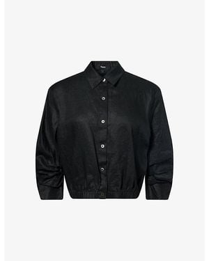 Theory Ruched-Sleeve Crop Linen Shirt - Black