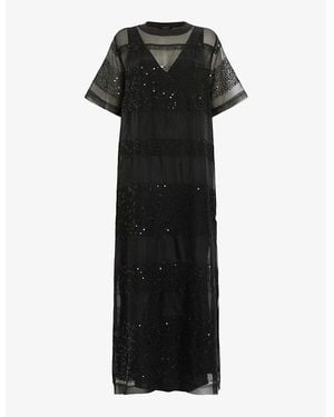 AllSaints Izabela Sequin-Embellished Short-Sleeve Mesh Maxi Dress - Black