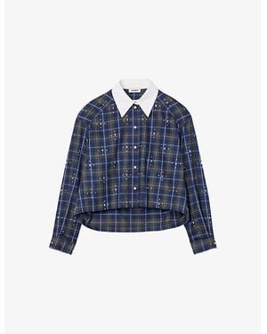 Sandro Rhinestone-Embellished Relaxed-Fit Checked Cotton Shirt - Blue