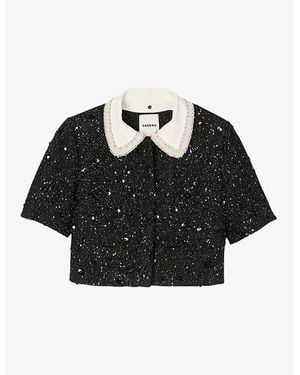 Sandro Cropped Rhinestone-Embellished Tweed Jacket - Black