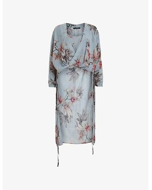 AllSaints Avala Floral-Print Wrap-Front Woven Top - Blue