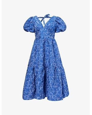 Sister Jane Luna Puffed-Sleeves Woven Midi Dress - Blue