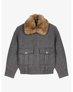 Maje Faux Fur-Collar Herringbone Wool-Blend Jacket - Gray