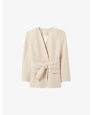 Claudie Pierlot Belted Kimono-Collar Linen-Blend Jacket - Natural