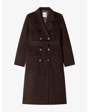 Sandro Double-Breasted Tie-Belt Wool-Blend Coat - Brown