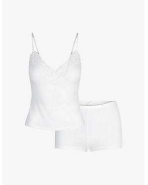 Skims Sheer Cotton Lace-Trim Woven Cami And Shorts Set - White