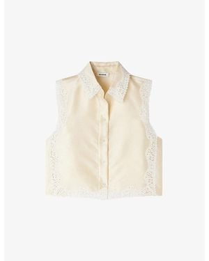 Sandro Sleeveless Lace-Trim Satin Shirt - Natural