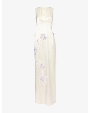 Huishan Zhang Rosa Floral-Embroidered Satin Gown - White