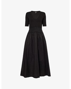 ME+EM V-Neck Smocked Stretch-Cotton Maxi Dress - Black