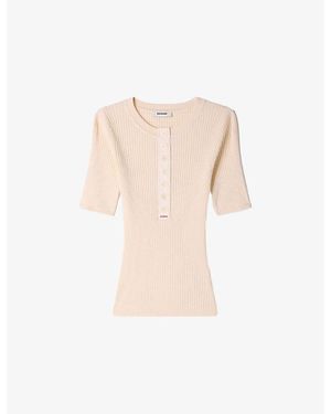 Sandro Button-Placket Short-Sleeve Ribbed Jumper - Natural