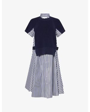 Sacai Contrast-Knit Short-Sleeves Cotton-Poplin Maxi Dress - Blue