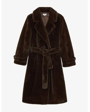 Reiss Cate Belted-Waist Faux-Fur Coat - Black