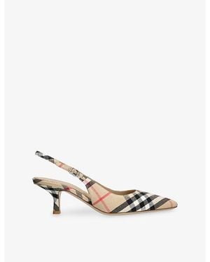 Burberry Check Dame Slingback Linen-Blend Pumps - White