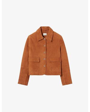 Claudie Pierlot Side-Pocket Brand-Embroidered Suede Jacket - Brown