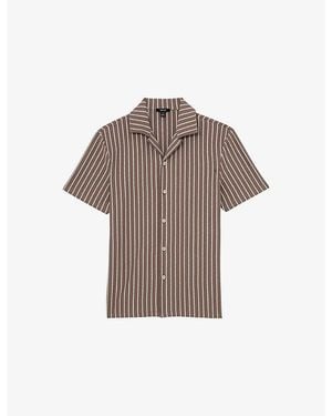 Reiss Percy Cuban-Collar Striped Stretch Cotton-Blend Shirt - Brown