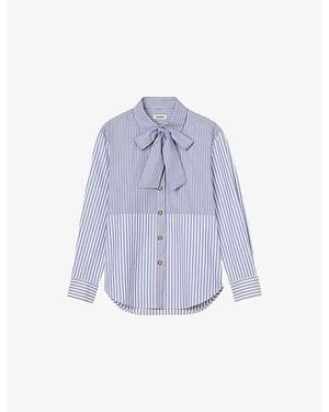 Sandro Tie-Neck Striped Cotton Shirt - Blue